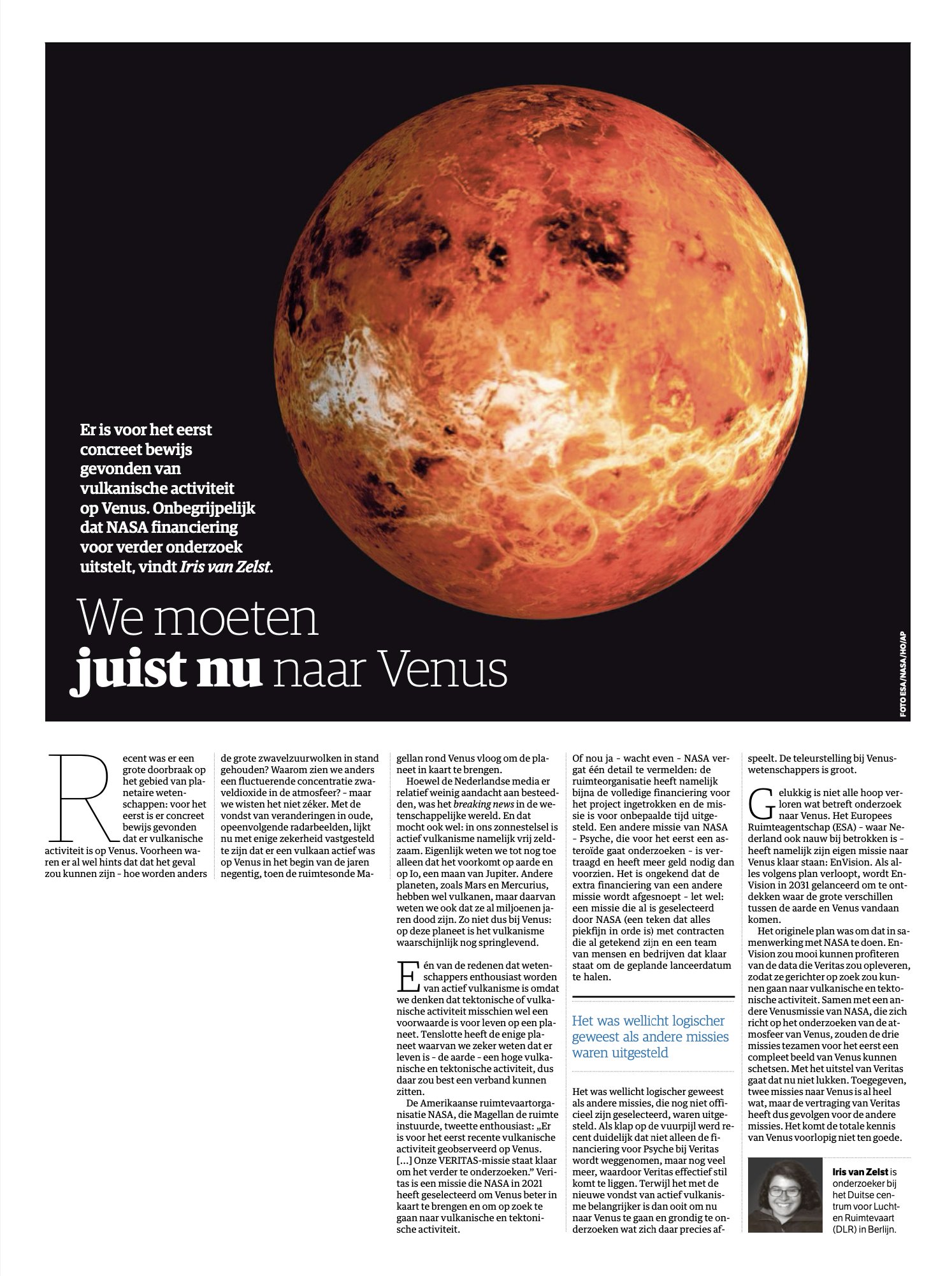 Article in NRC (NL) on the recent discovery of active volcanism on Venus and the decision of NASA to cut VERITAS funding