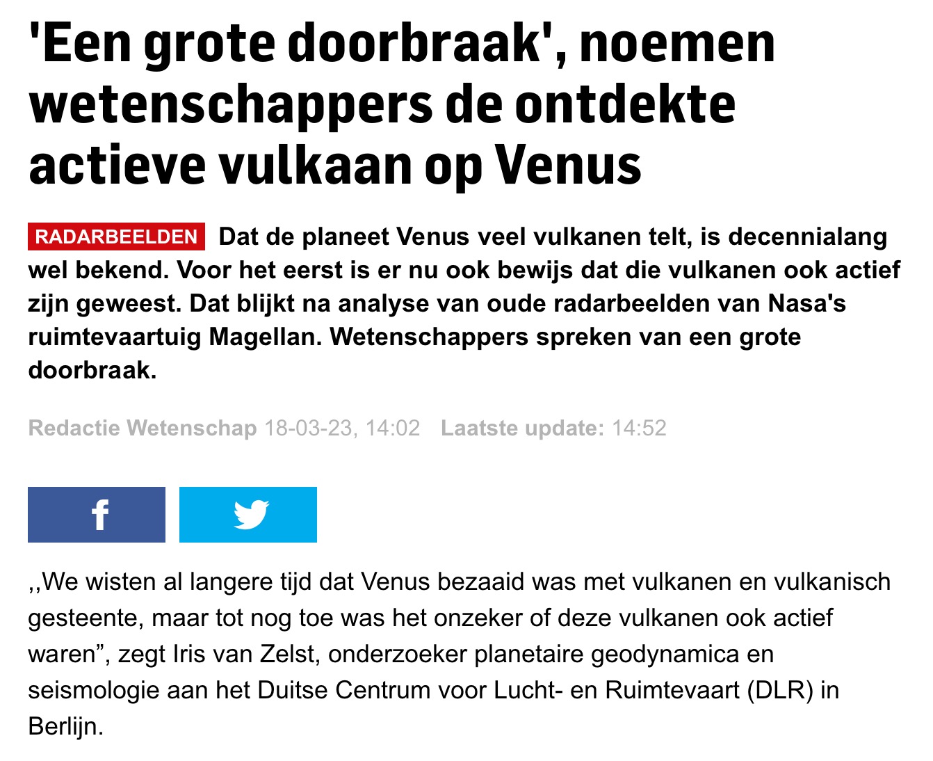 Article in the AD (Algemeen Dagblad, NL) on the recent discovery of active volcanism on Venus